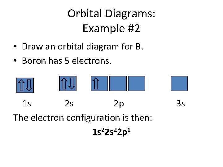 Orbital Diagrams: Example #2 • Draw an orbital diagram for B. • Boron has