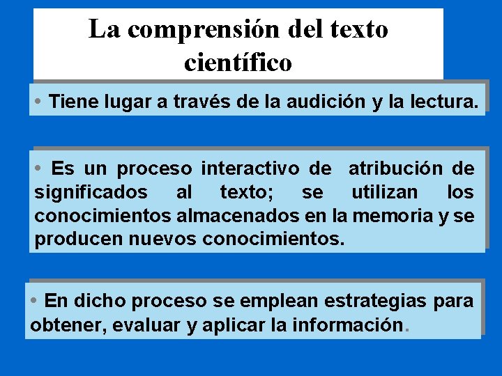 La comprensión del texto científico • Tiene lugar a través de la audición y