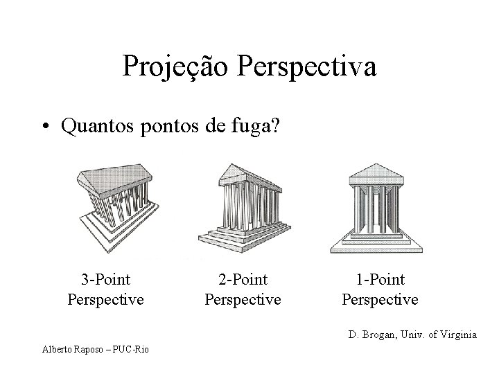Projeção Perspectiva • Quantos pontos de fuga? 3 -Point Perspective 2 -Point Perspective 1