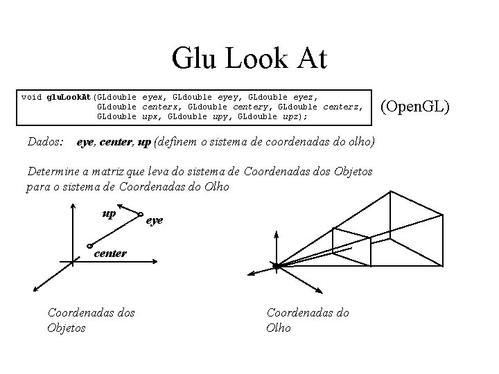 Glu Look At void glu. Look. At(GLdouble eyex, GLdouble eyey, GLdouble eyez, GLdouble centerx,