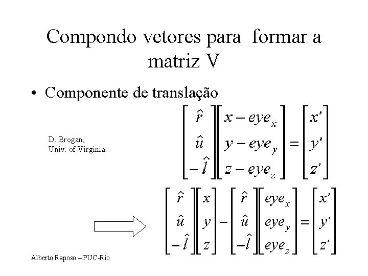 Compondo vetores para formar a matriz V • Componente de translação D. Brogan, Univ.