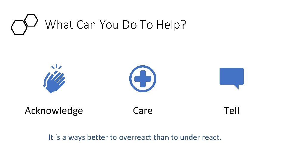 What Can You Do To Help? Acknowledge Care It is always better to overreact