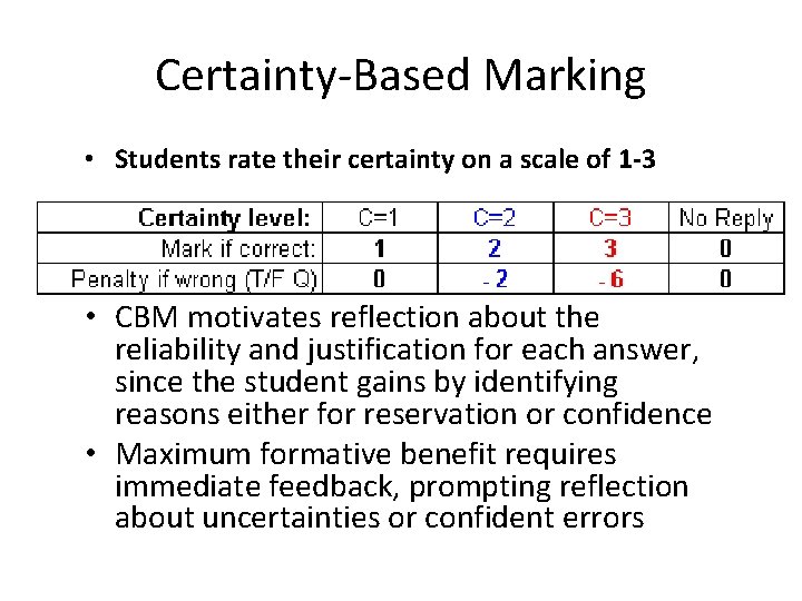 Certainty-Based Marking • Students rate their certainty on a scale of 1 -3 •