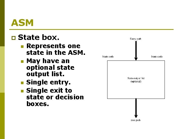 ASM p State box. n n Represents one state in the ASM. May have