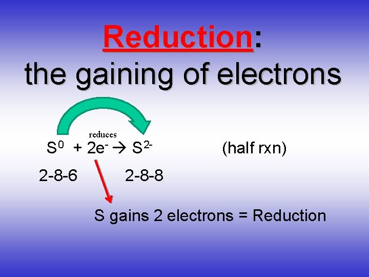 Reduction: the gaining of electrons reduces S 0 + 2 e- S 22 -8