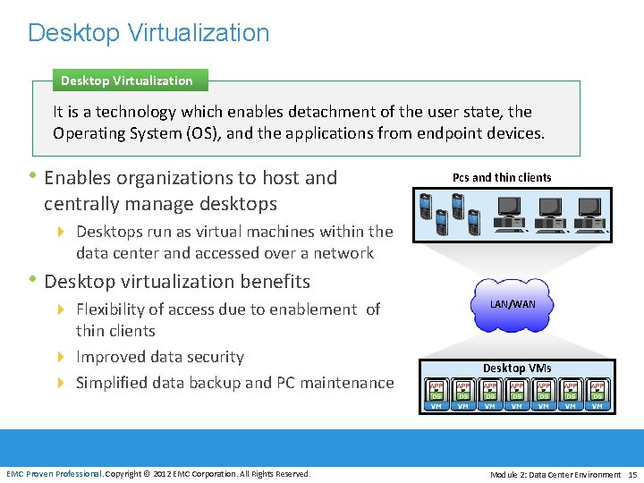 Desktop Virtualization It is a technology which enables detachment of the user state, the