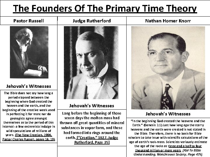 The Founders Of The Primary Time Theory Pastor Russell Judge Rutherford Nathan Homer Knorr