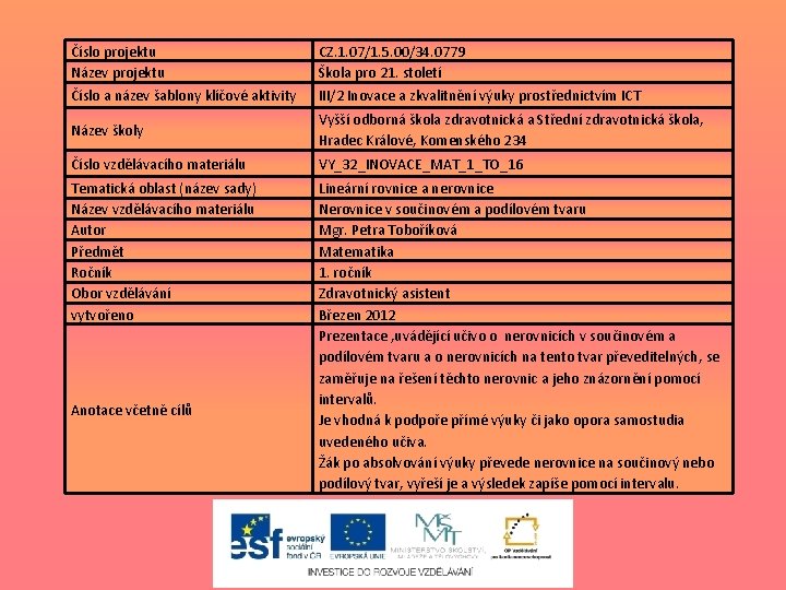 Číslo projektu Název projektu CZ. 1. 07/1. 5. 00/34. 0779 Škola pro 21. století Číslo projektu Název projektu CZ. 1. 07/1. 5. 00/34. 0779 Škola pro 21. století