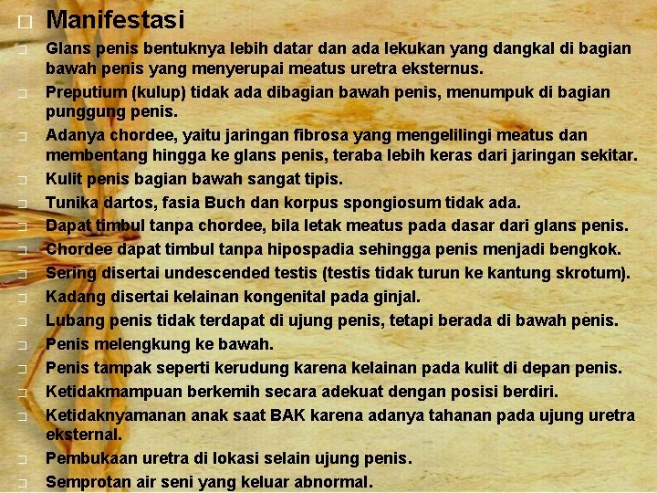 � � � � � Manifestasi Glans penis bentuknya lebih datar dan ada lekukan