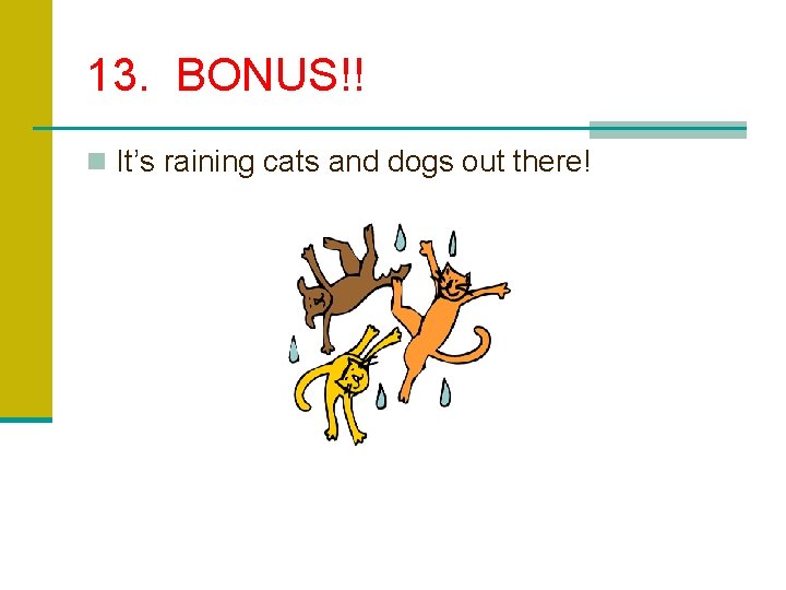 13. BONUS!! n It’s raining cats and dogs out there! 