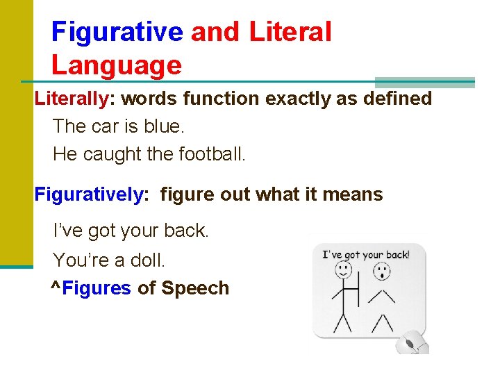 Figurative and Literal Language Literally: words function exactly as defined The car is blue.