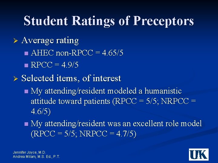 Student Ratings of Preceptors Ø Average rating AHEC non-RPCC = 4. 65/5 n RPCC