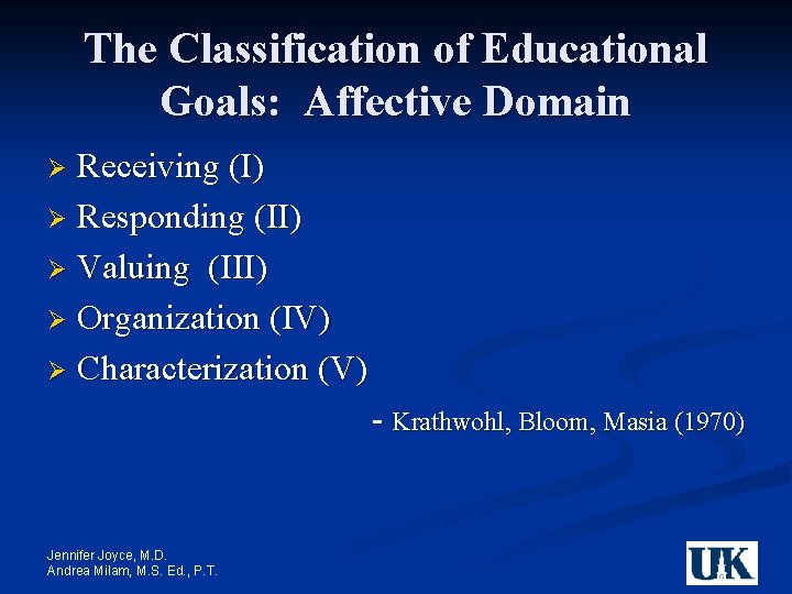 The Classification of Educational Goals: Affective Domain Receiving (I) Ø Responding (II) Ø Valuing