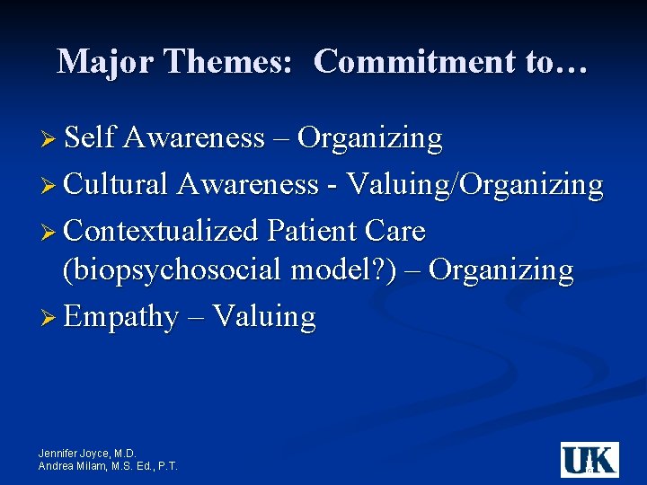 Major Themes: Commitment to… Ø Self Awareness – Organizing Ø Cultural Awareness - Valuing/Organizing