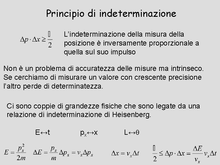 Principio di indeterminazione L’indeterminazione della misura della posizione è inversamente proporzionale a quella sul