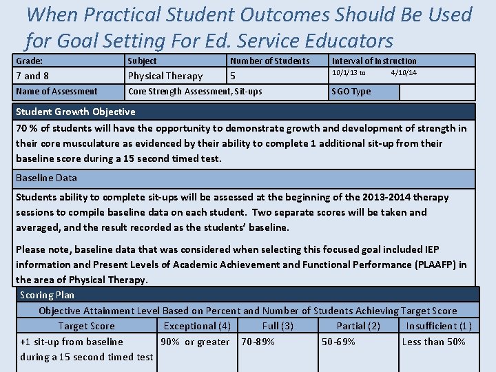 When Practical Student Outcomes Should Be Used for Goal Setting For Ed. Service Educators When Practical Student Outcomes Should Be Used for Goal Setting For Ed. Service Educators