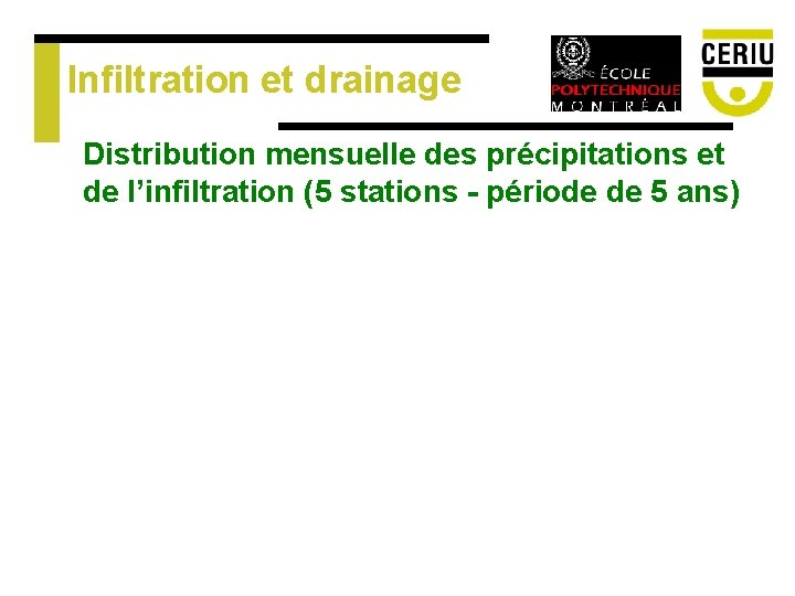 Infiltration et drainage Distribution mensuelle des précipitations et de l’infiltration (5 stations - période