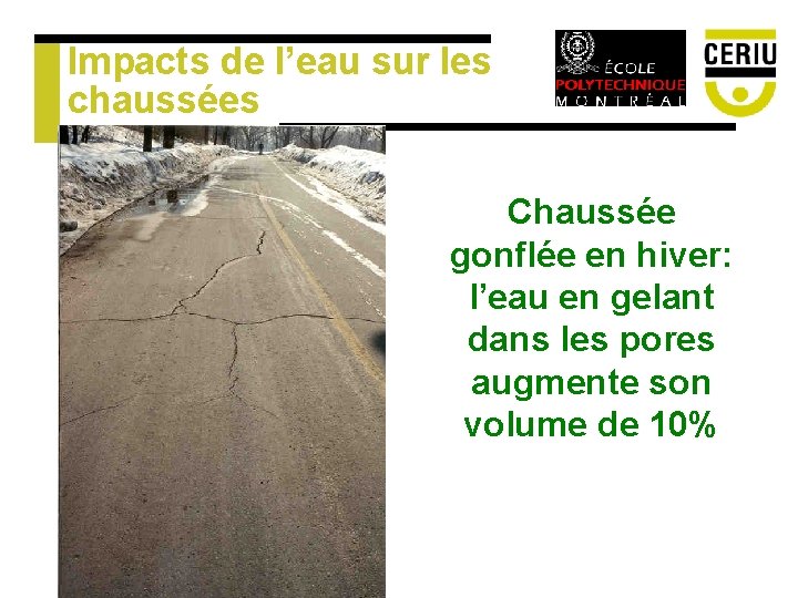 Impacts de l’eau sur les chaussées Chaussée gonflée en hiver: l’eau en gelant dans