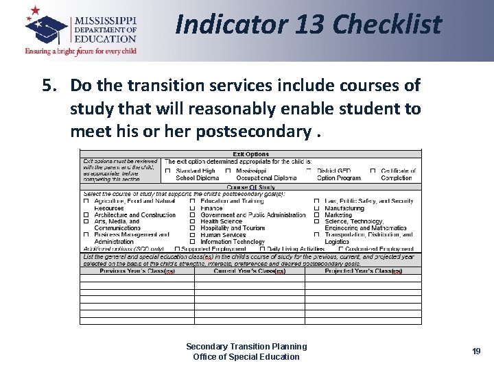 Indicator 13 Checklist 5. Do the transition services include courses of study that will