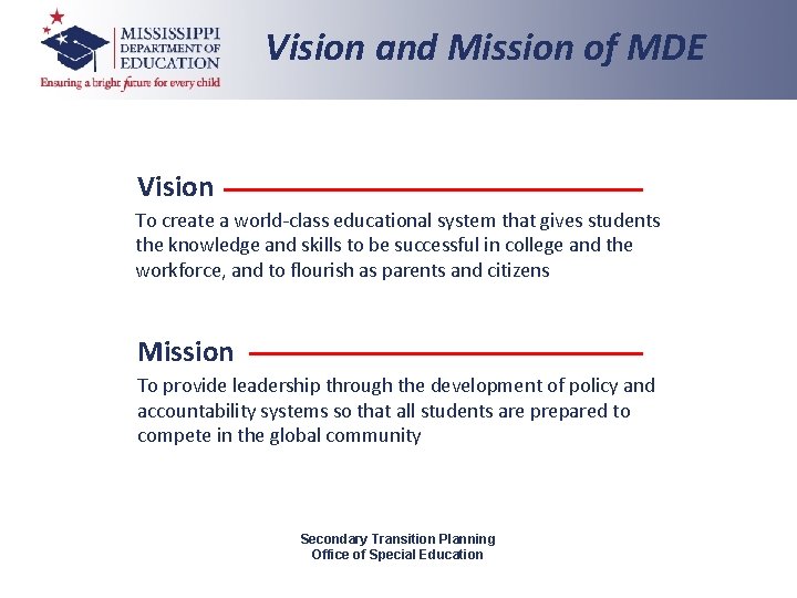 Vision and Mission of MDE Vision To create a world-class educational system that gives