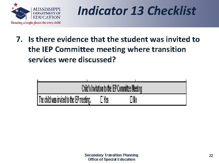 Indicator 13 Checklist 7. Is there evidence that the student was invited to the