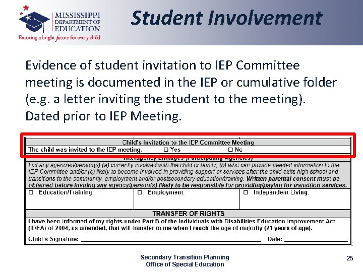 Student Involvement Evidence of student invitation to IEP Committee meeting is documented in the