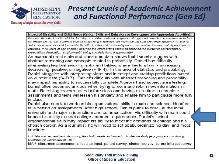 Present Levels of Academic Achievement and Functional Performance (Gen Ed) Secondary Transition Planning Office