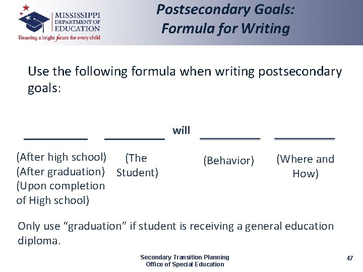 Postsecondary Goals: Formula for Writing Use the following formula when writing postsecondary goals: will