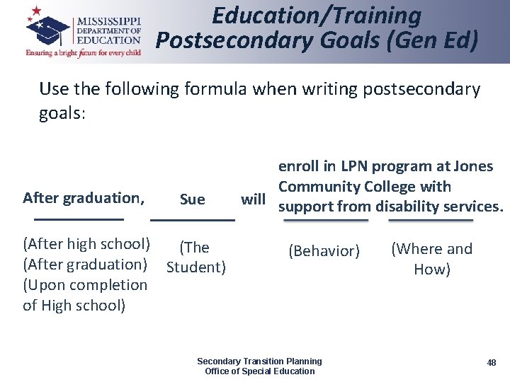 Education/Training Postsecondary Goals (Gen Ed) Use the following formula when writing postsecondary goals: After