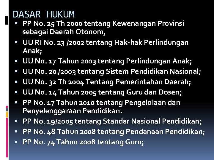 DASAR HUKUM PP No. 25 Th 2000 tentang Kewenangan Provinsi sebagai Daerah Otonom, UU