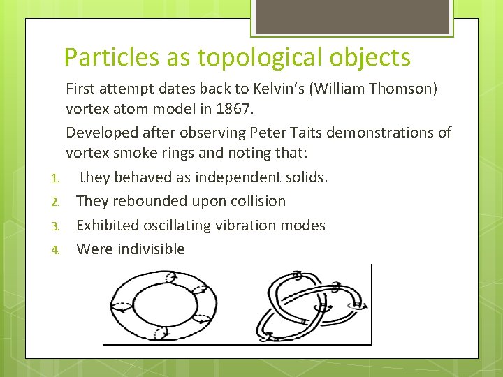 Particles as topological objects 1. 2. 3. 4. First attempt dates back to Kelvin’s
