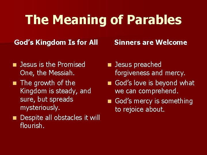 The Meaning of Parables God’s Kingdom Is for All Jesus is the Promised One,