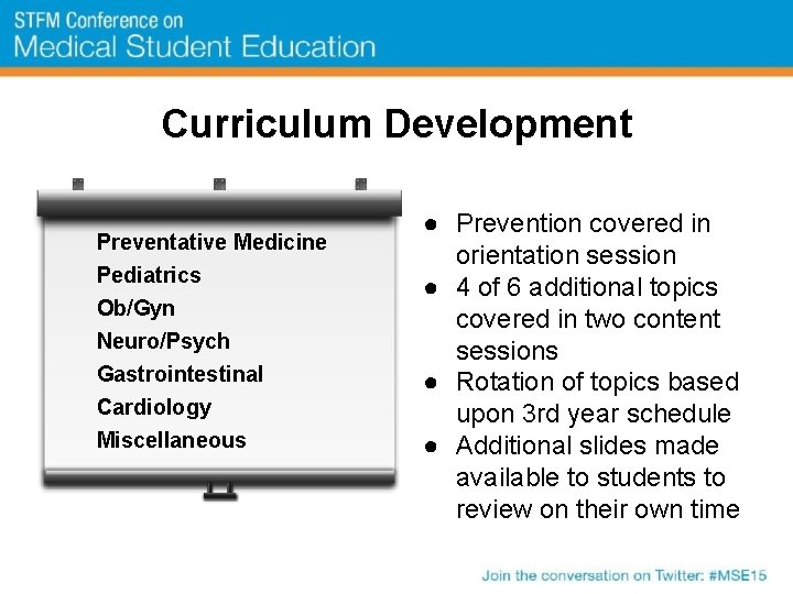 Curriculum Development Preventative Medicine Pediatrics Ob/Gyn Neuro/Psych Gastrointestinal Cardiology Miscellaneous ● Prevention covered in