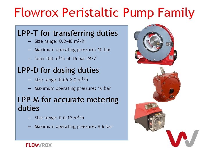 Flowrox Peristaltic Pump Family LPP-T for transferring duties – Size range: 0. 3 -40