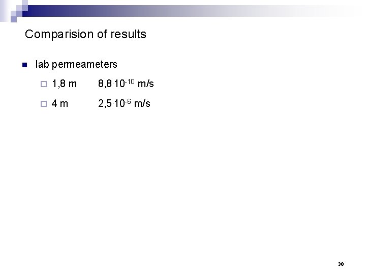 Comparision of results n lab permeameters ¨ 1, 8 m 8, 8. 10 -10