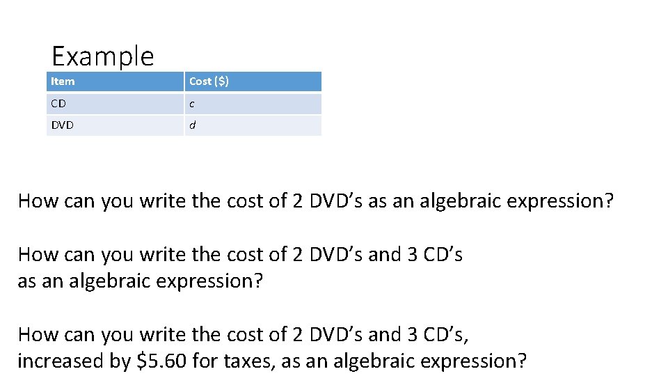 Example Item Cost ($) CD c DVD d How can you write the cost