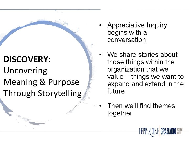 • Appreciative Inquiry begins with a conversation DISCOVERY: Uncovering Meaning & Purpose Through • Appreciative Inquiry begins with a conversation DISCOVERY: Uncovering Meaning & Purpose Through