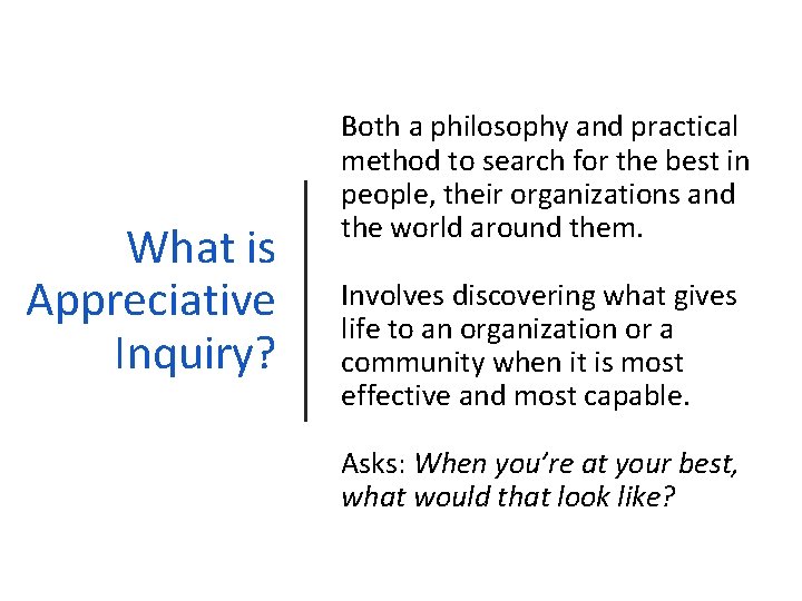 What is Appreciative Inquiry? Both a philosophy and practical method to search for the What is Appreciative Inquiry? Both a philosophy and practical method to search for the