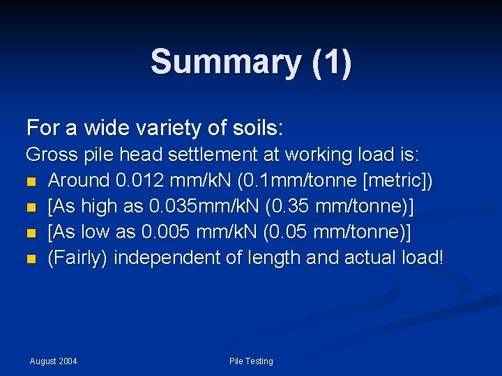 Summary (1) For a wide variety of soils: Gross pile head settlement at working