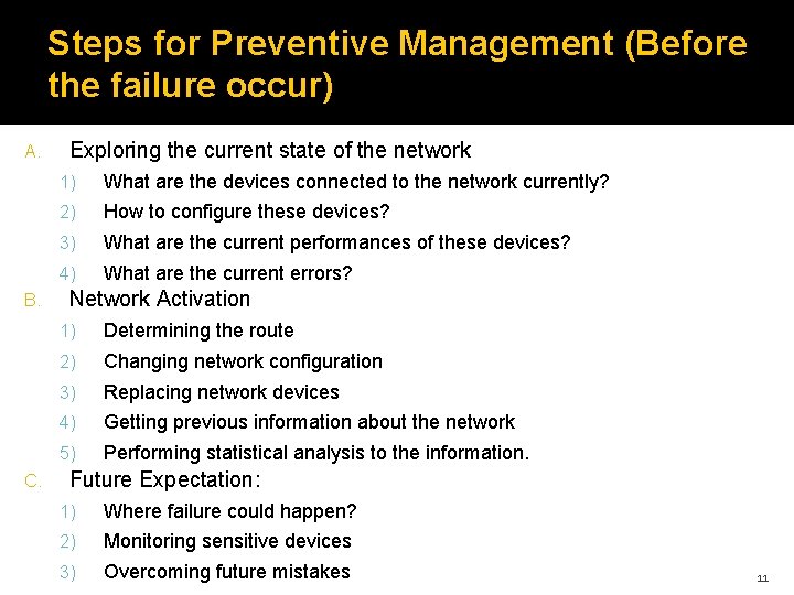 Steps for Preventive Management (Before the failure occur) A. B. C. Exploring the current