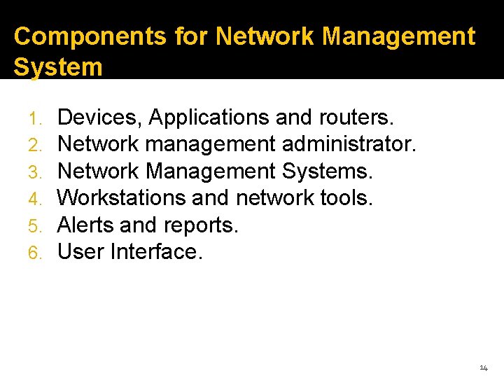Components for Network Management System 1. 2. 3. 4. 5. 6. Devices, Applications and