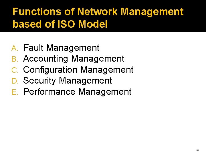 Functions of Network Management based of ISO Model A. B. C. D. E. Fault