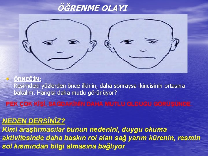 ÖĞRENME OLAYI • ÖRNEĞİN; Resimdeki yüzlerden önce ilkinin, daha sonraysa ikincisinin ortasına bakalım. Hangisi