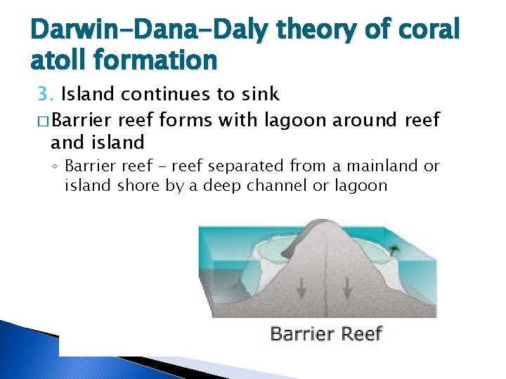 Darwin-Dana-Daly theory of coral atoll formation 3. Island continues to sink � Barrier reef