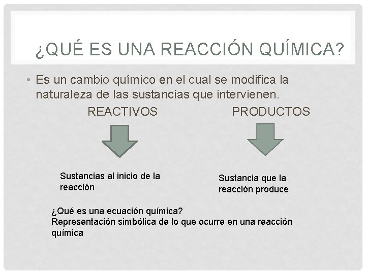 ¿QUÉ ES UNA REACCIÓN QUÍMICA? • Es un cambio químico en el cual se