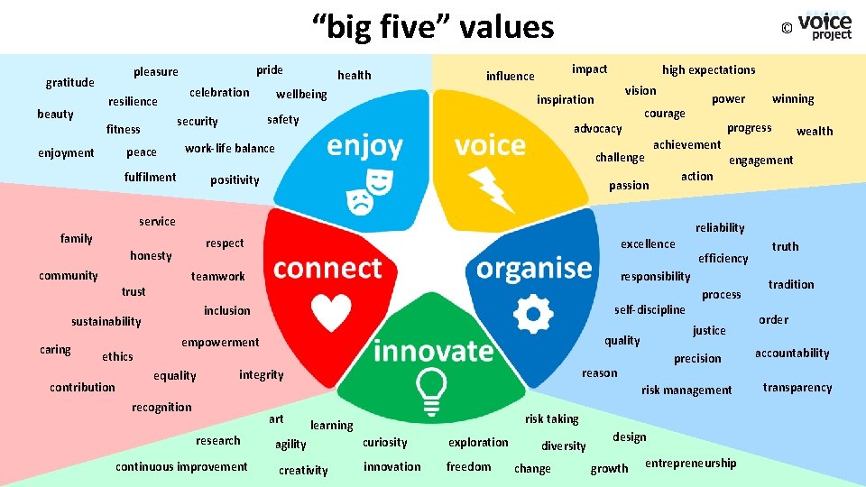 “big five” values gratitude beauty pride pleasure resilience peace impact influence wellbeing vision advocacy