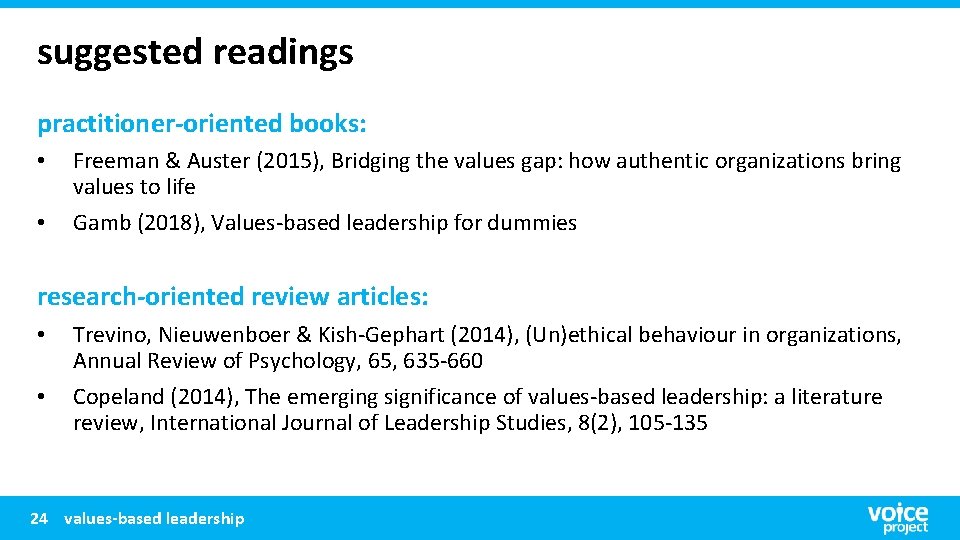 suggested readings practitioner-oriented books: • • Freeman & Auster (2015), Bridging the values gap: