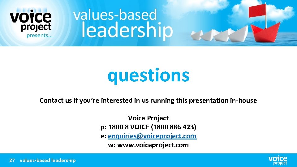 questions Contact us if you’re interested in us running this presentation in-house Voice Project