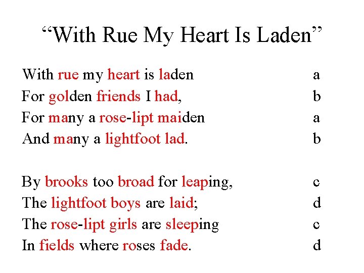 “With Rue My Heart Is Laden” With rue my heart is laden For golden