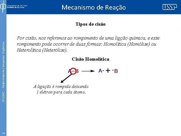 Mecanismo de Reação QFL 0342 – Reatividade de Compostos Orgânicos Tipos de cisão 10